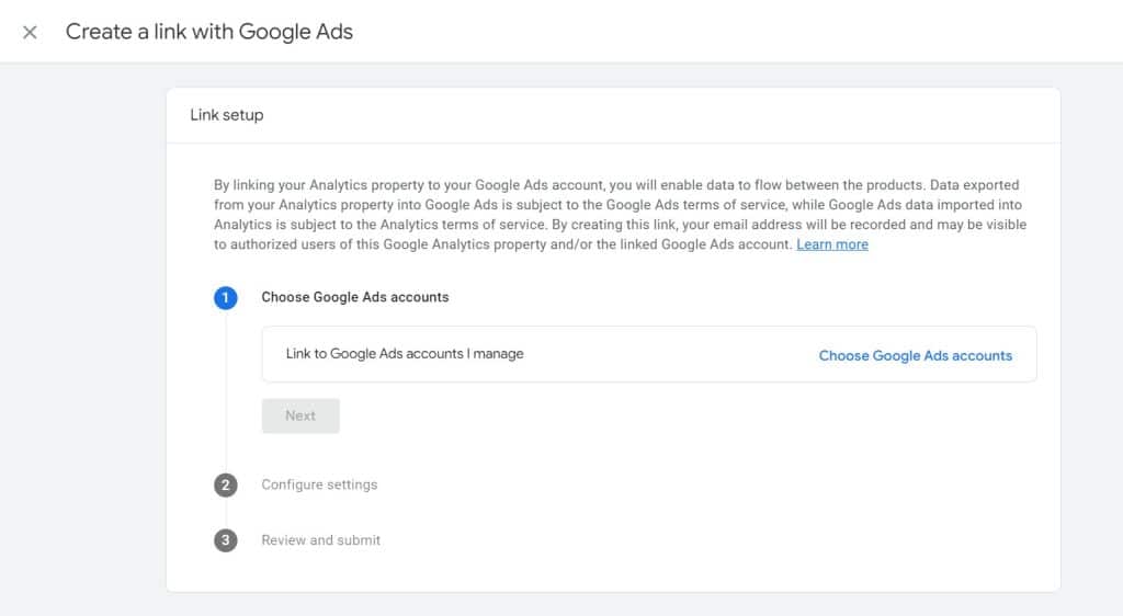 Clicking on choose Google Ads account