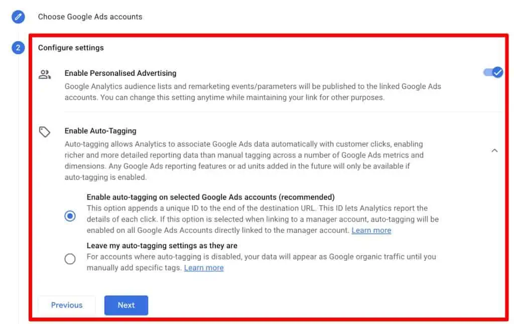 Configure settings for Google Ads link setup