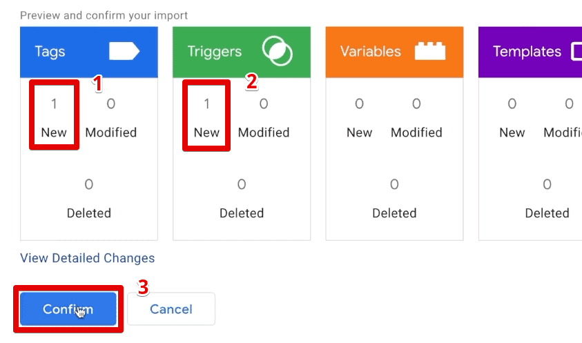 Confirming the changes from the GTM container import