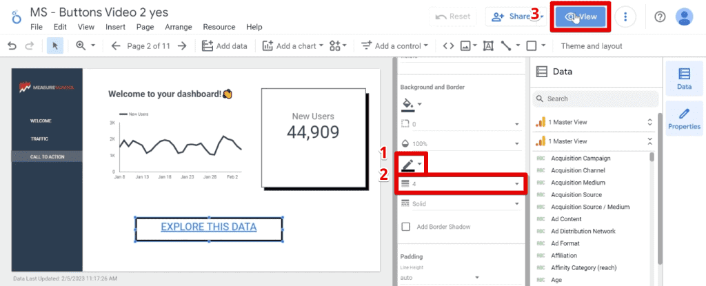 Editing the border settings of the basic button and previewing it