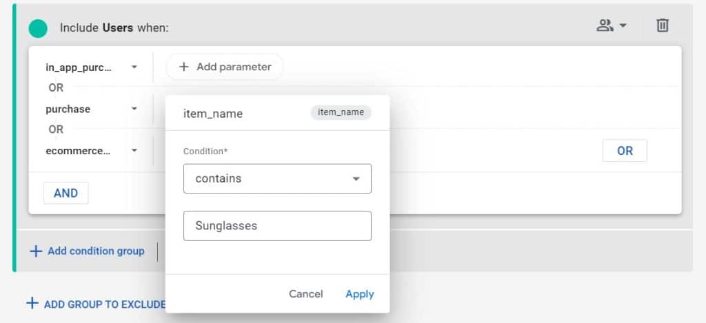 Example of a condition for the item_name parameter