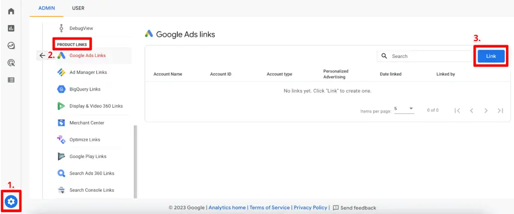 GA4 admin interface showing Google Ads link