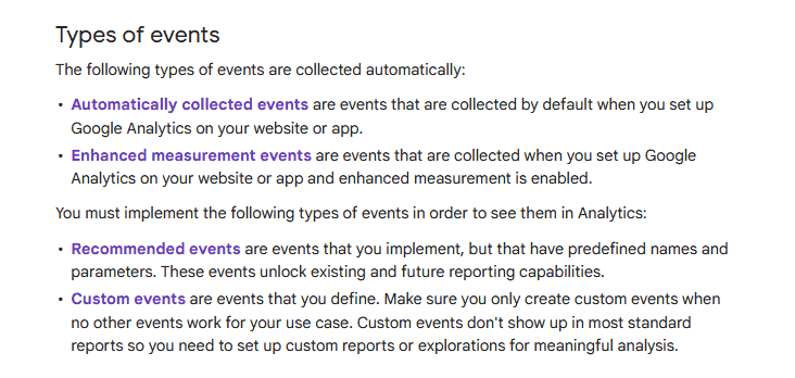 GA4 event type definitions from the official Google documentation