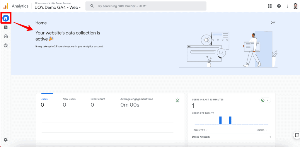 GA4 home showing data collection is active