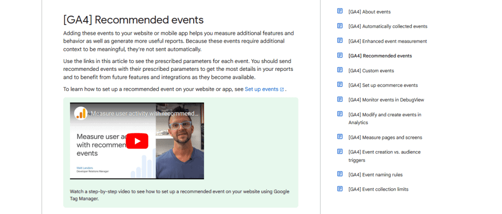 GA4 recommended events documentation