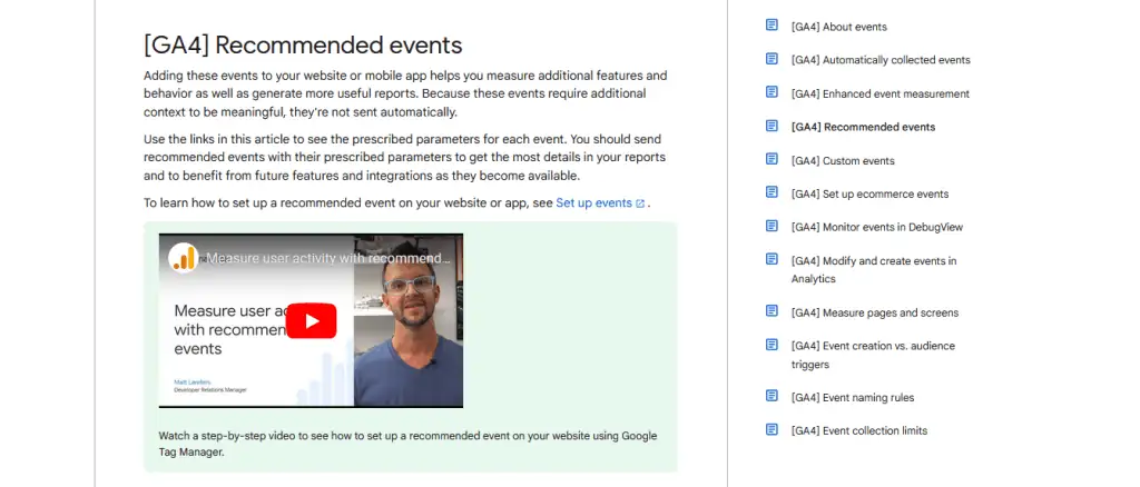 GA4 recommended events documentation