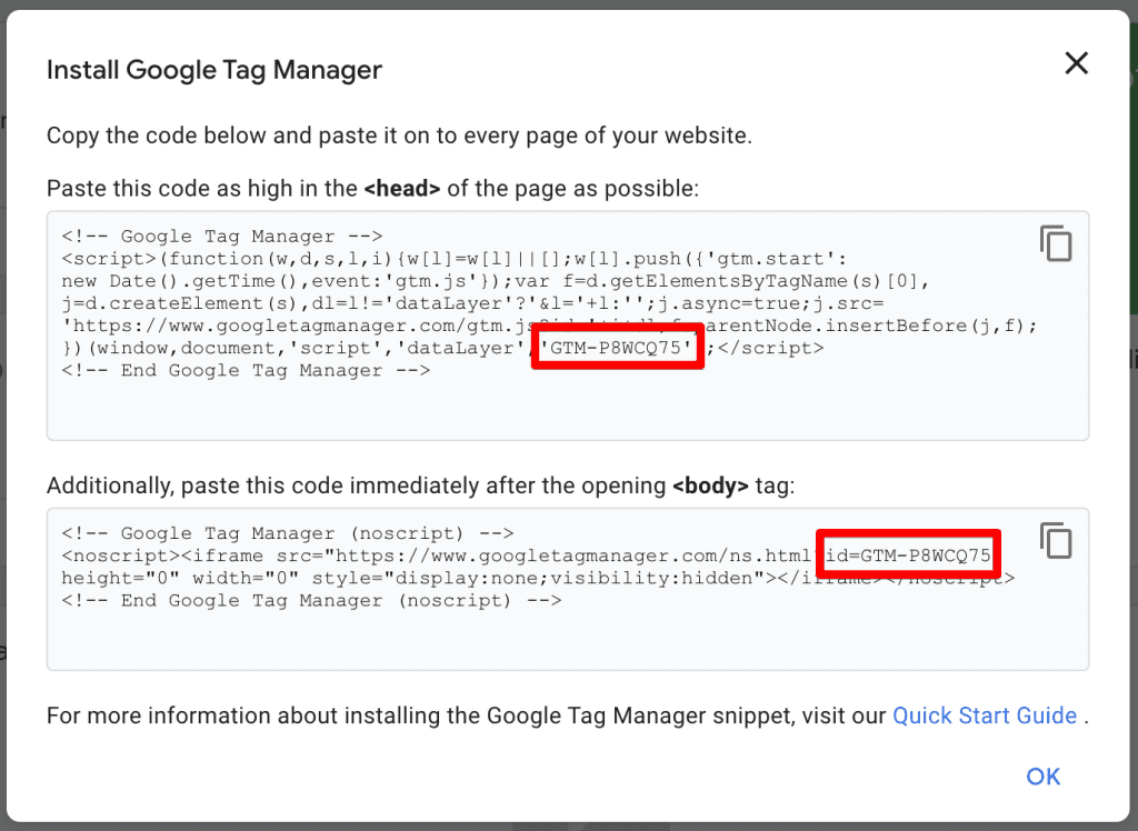 GTM code snippet to be installed on the website