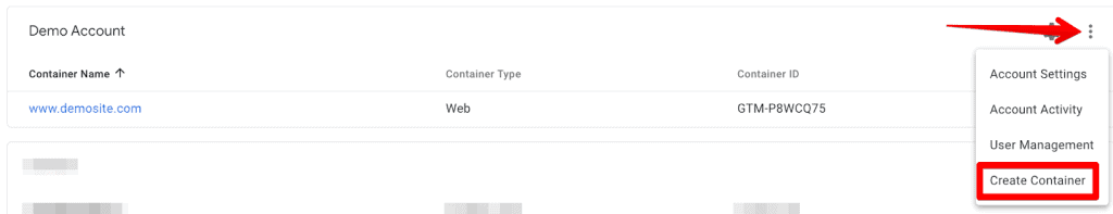 GTM screenshot of creating a container with an existing account