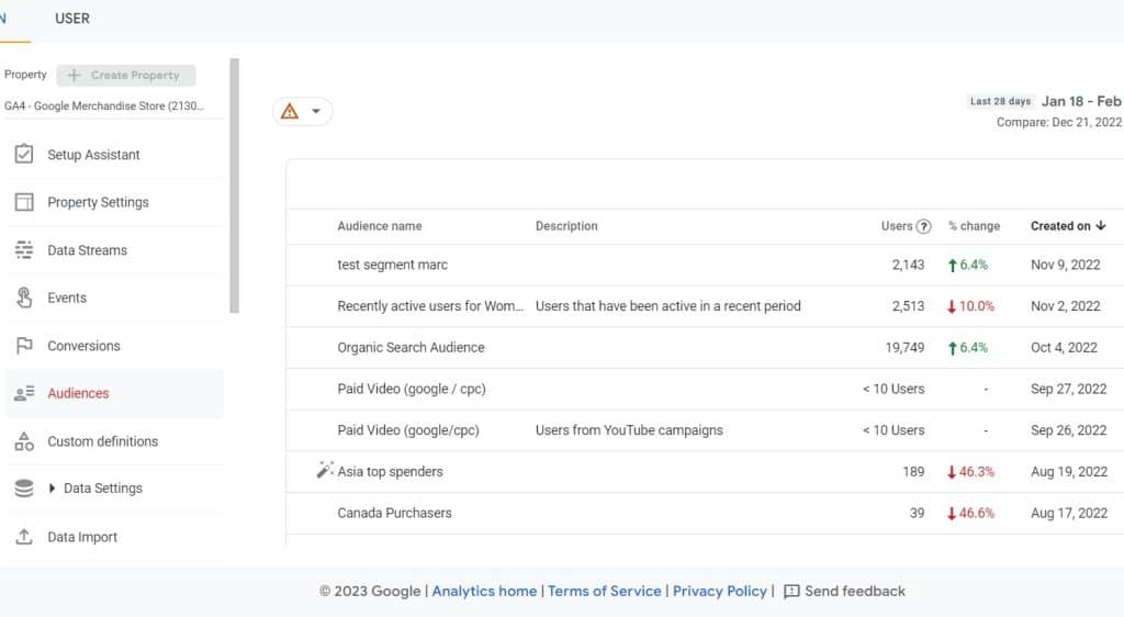 Google Analytics 4 demo account audiences