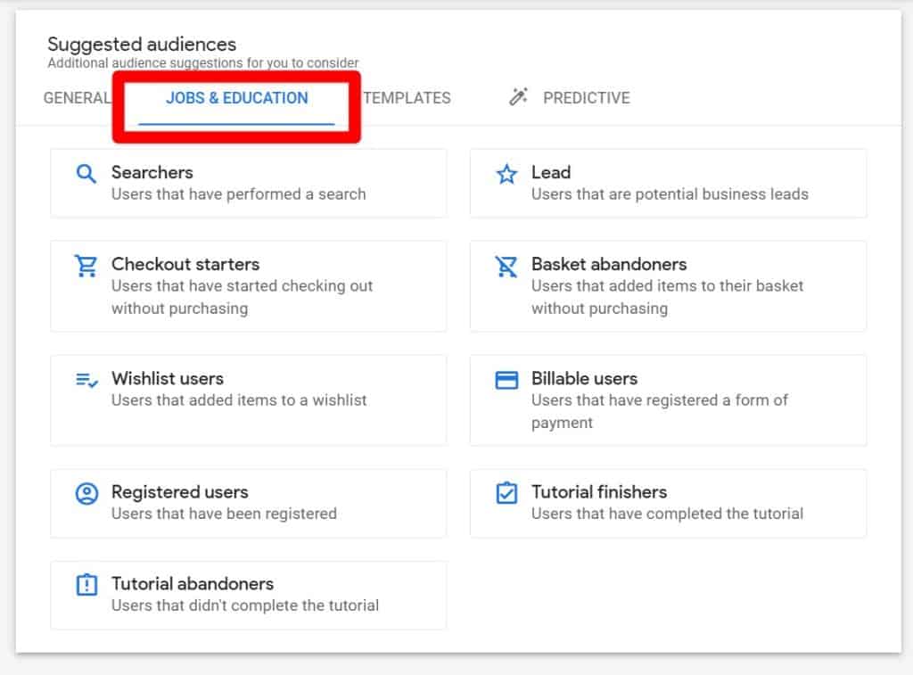 Industry category suggested audiences