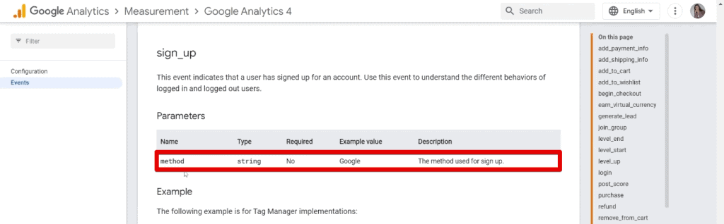 Method parameter for sign_up event