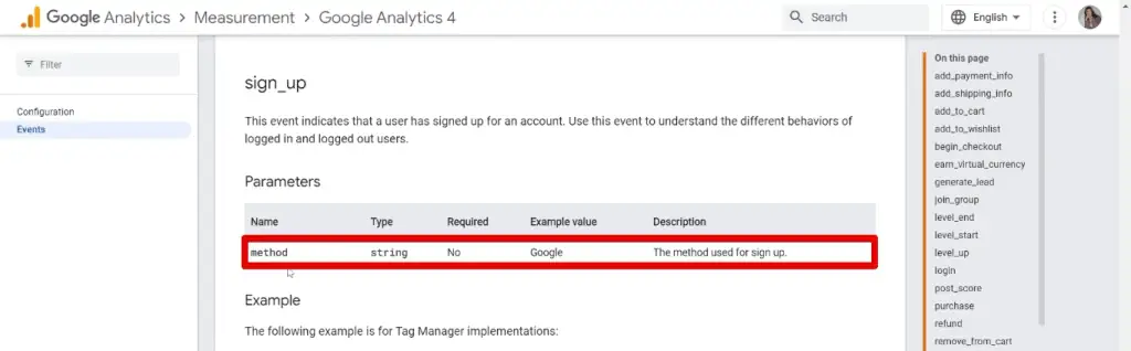 Method parameter for sign_up event