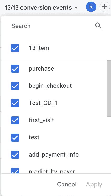 Model comparison report in GA4 showing all conversion events are selected by default