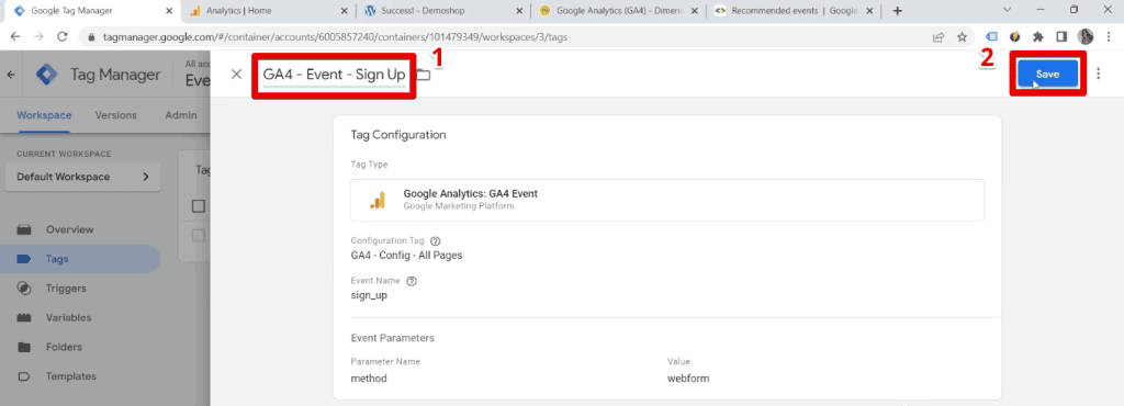 Naming and saving the sign-up event tag