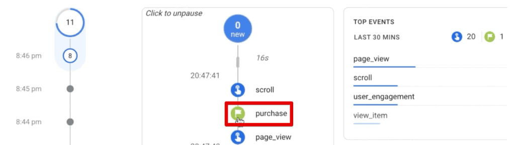 Purchase event in the GA4 DebugView
