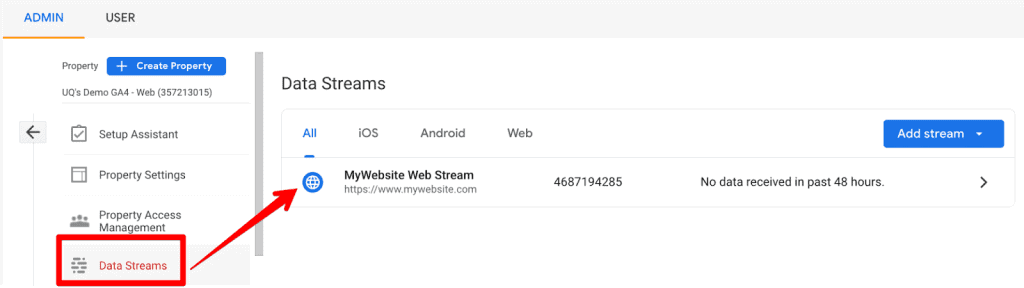 Screenshot of GA4 data streams showing all the data sources