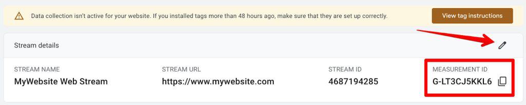 Screenshot of GA4 stream details with measurement ID