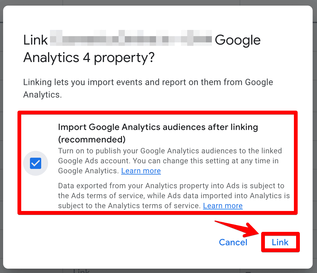 Google Ads screenshot checking about importing GA4 audiences