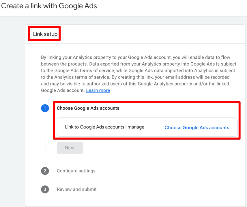 Google Ads link setup interface in GA4