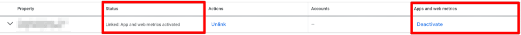 Google Ads linked accounts showing GA4’s app and web metrics imported
