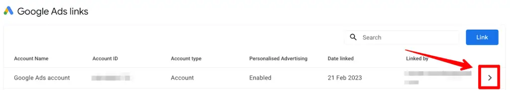 Google Ads links showing the linked account in GA4