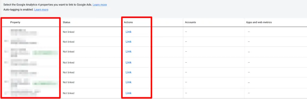 Google Ads showing accessible GA4 accounts to link