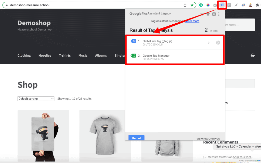 Screenshot of Google Tag Assistant extension showing GA4 tracking code
