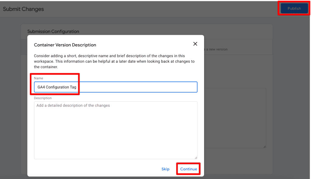 Screenshot of publishing GTM container