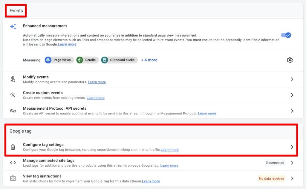 Screenshot of web stream details with event settings