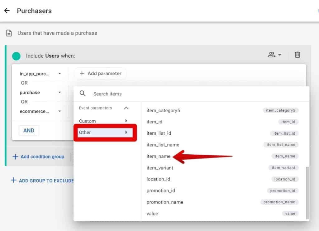 Selecting the item name parameter