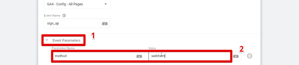 Specifying the event parameter for the GA4 event tag
