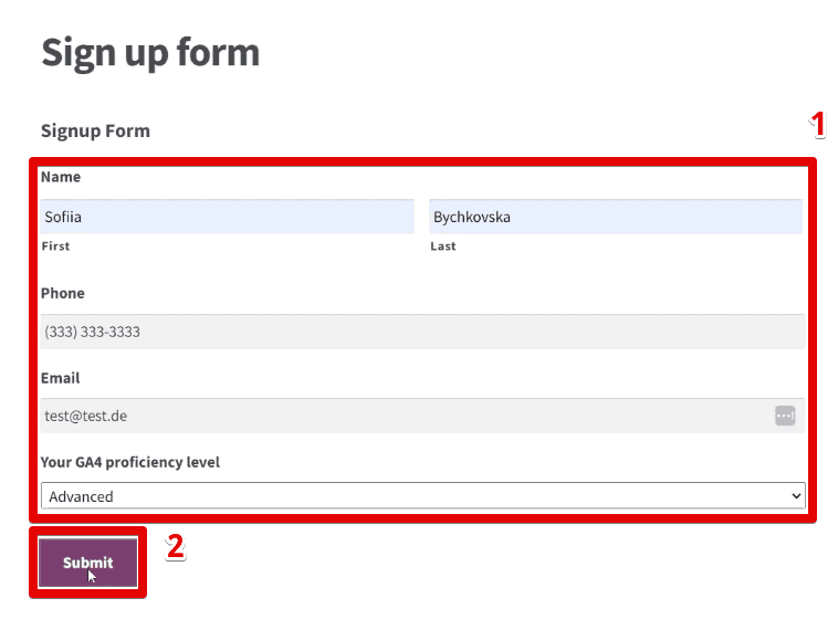 Submitting sample data for the sign-up form