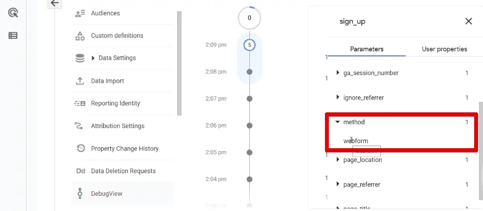 The method parameter of the sign_up event