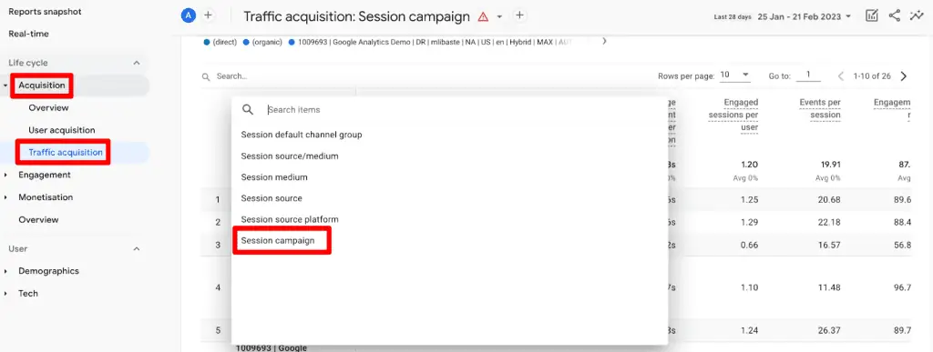 Traffic acquisition report showing available session campaign dimension