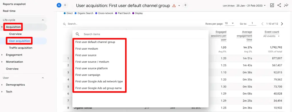 User acquisition report showing available Google ads dimension