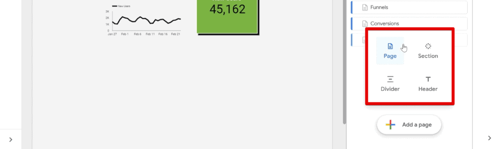Element options to add to the report pages