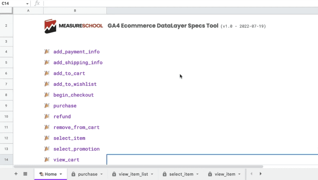 GA4 eCommerce DataLayer Specs Tool