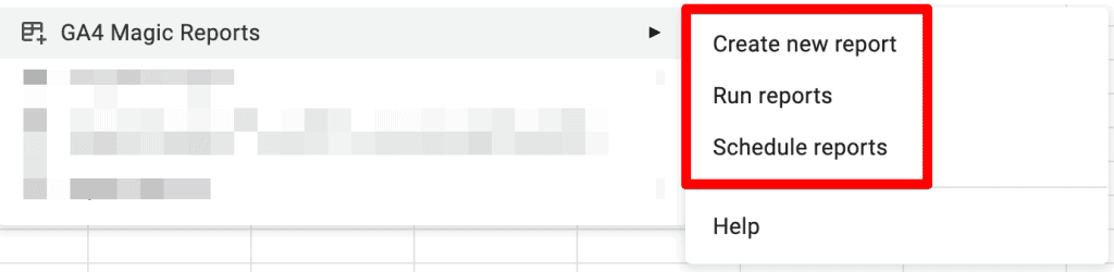 GA4 magic reports add-on with reporting options under extensions