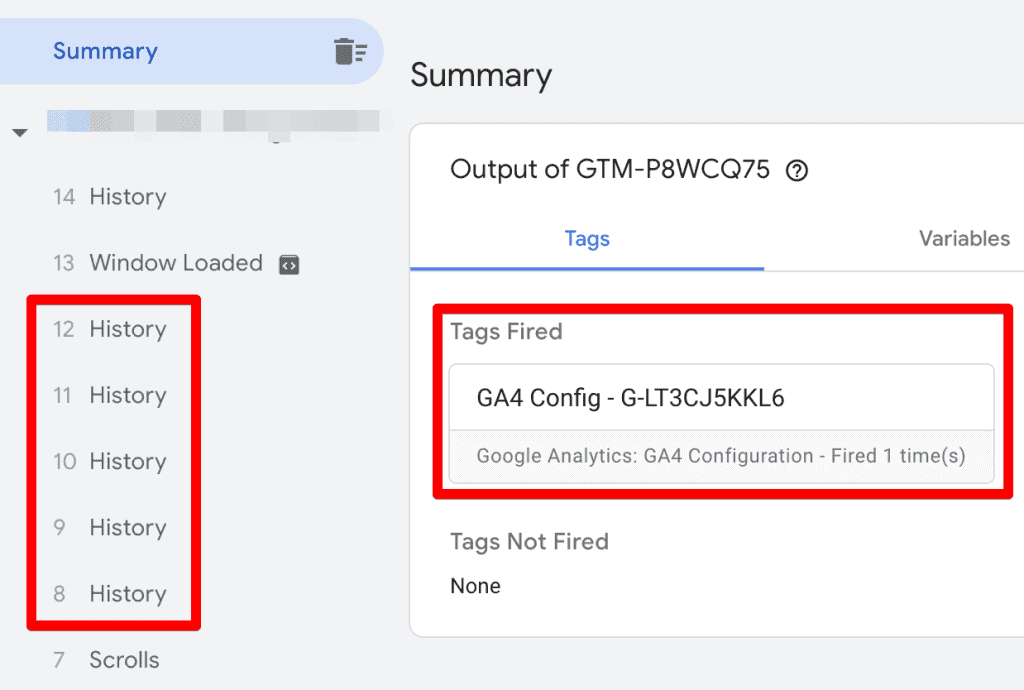 GTM preview mode screenshot showing history change events