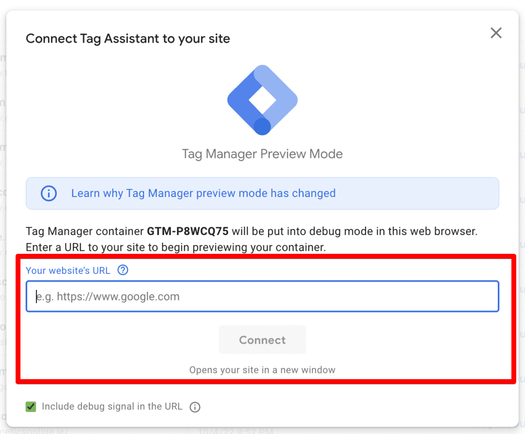 GTM preview mode website URL interface
