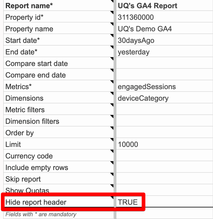 Hide report header option in GA4 magic reports settings