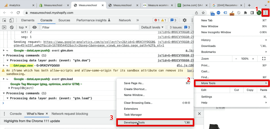 Opening the Chrome developer tools