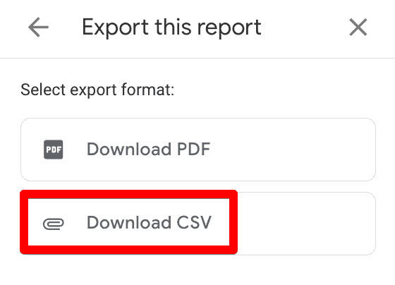 Screenshot of GA4’s export this report options to download as PDF or CSV