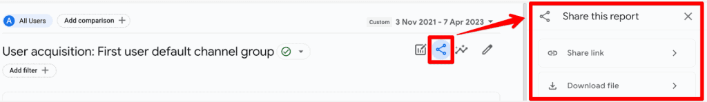 Share icon in GA4 opening share this report sidebar