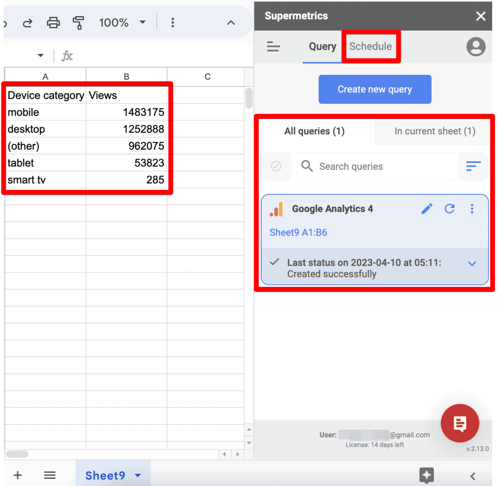 Supermetrics exported data and sidebar