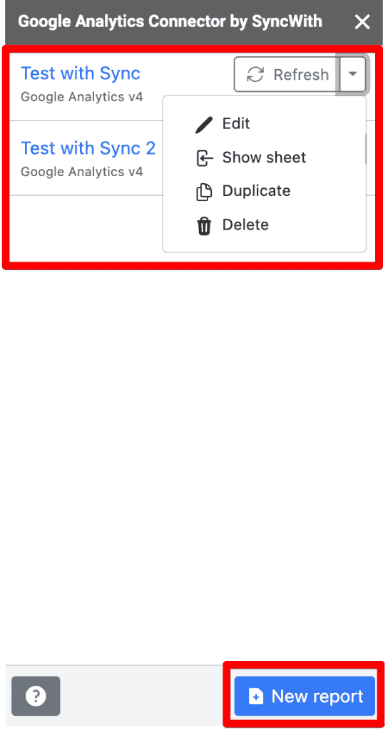 Syncwith sidebar showing edit, duplicate, delete, and show sheets options