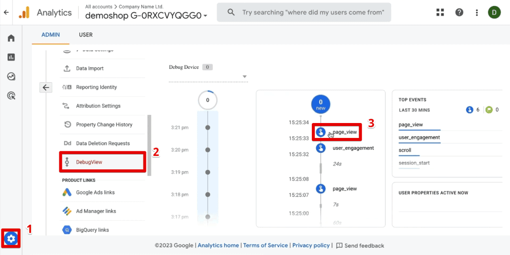 The page_view event in the GA4 DebugView