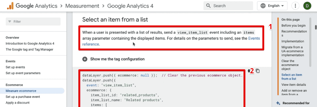 eCommerce event in the documentation