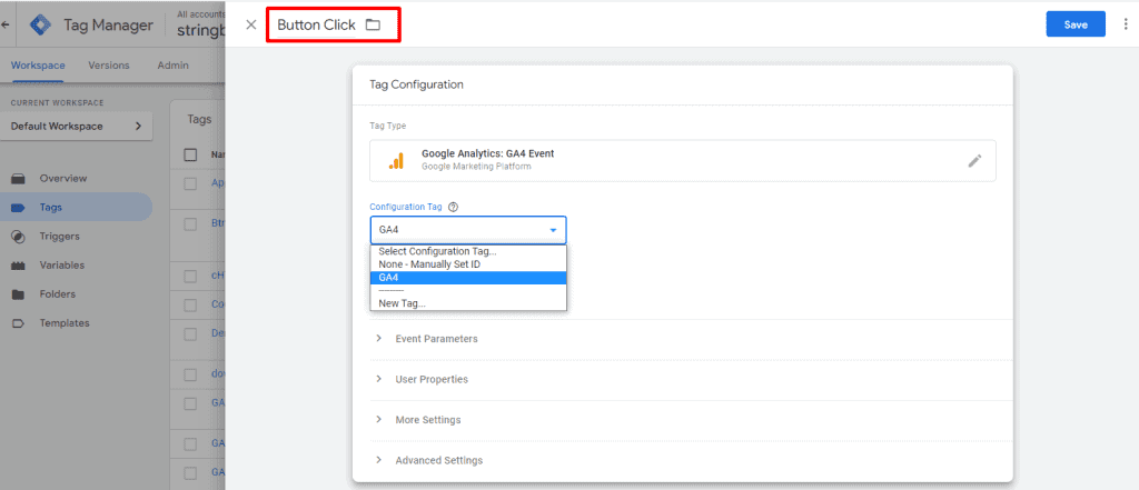 Adding a tag name of the custom event in Google Tag Manager