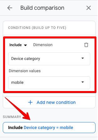 Build comparison interface in GA4 for mobile users